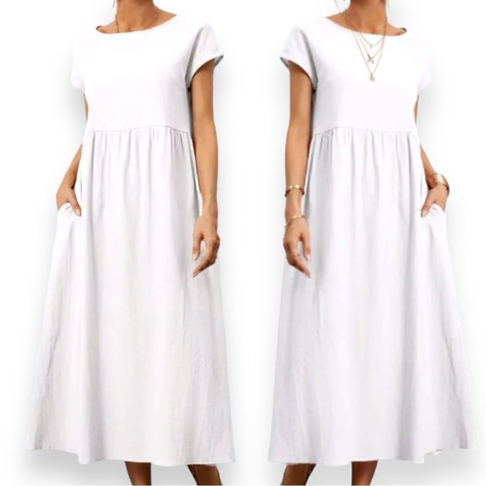 Hiromitsu White Round Neck Empire Waist Short Sleeve Sheath Dress with Pockets